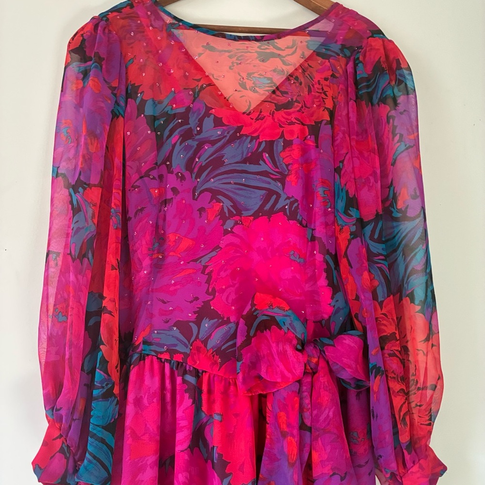 MISSY HOUSE 80s Floral Chiffon Sequins Bow Midi Dress Size 12